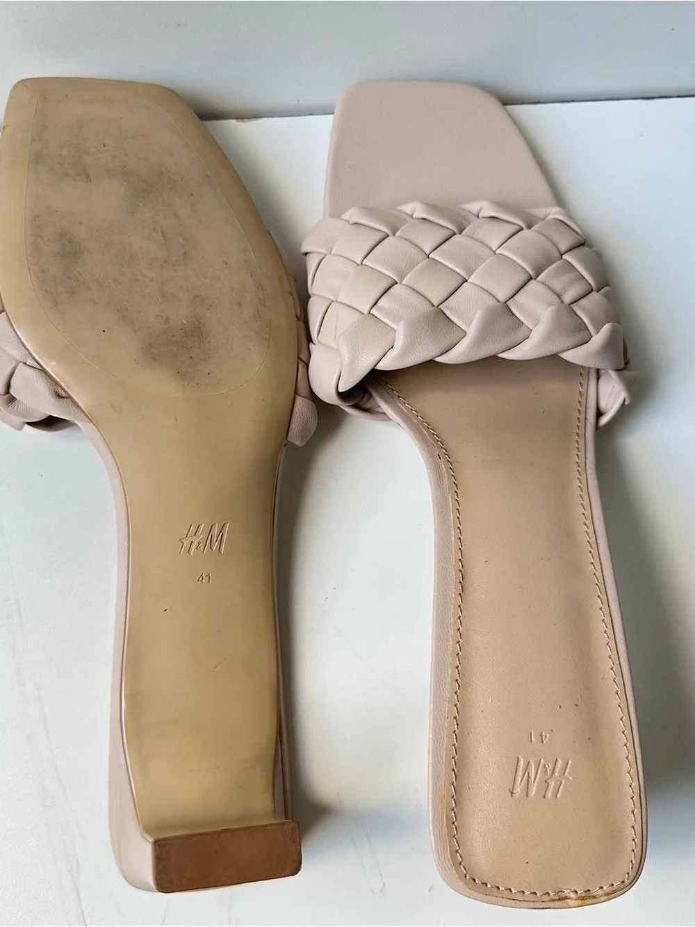 H&M Beige Nude Braided Woven Square Toe Heeled Mule Sandals Women's Size US 10